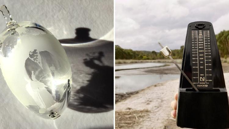 Two photo college of glass globe and thermometer at a beach