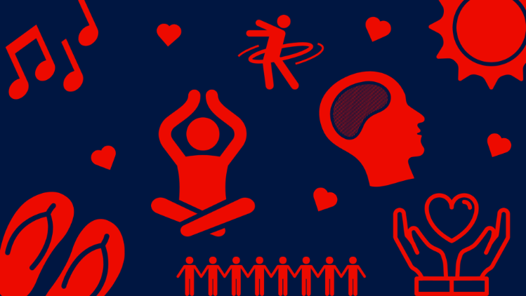 Red icons on navy background of hearts and items representing wellness