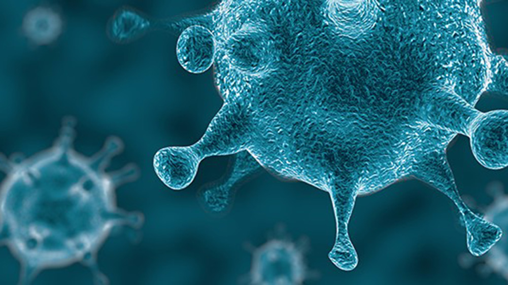 Close-up of blue-tinted viruses with spiky surfaces, set against a blurred aquatic background, illustrating microscopic life forms.