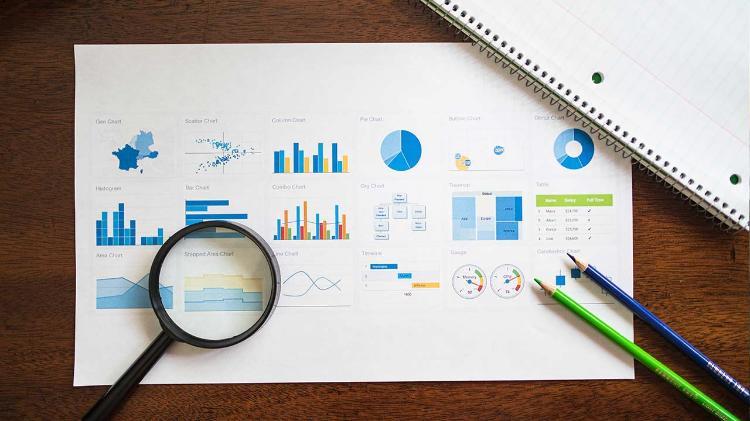 a flat lay on top of a table displaying an A4 print out of various graphs including bar, column, country, country, pie, ,segment and many more. A magnify glass, book and 2 coloured pencils also lay on the table