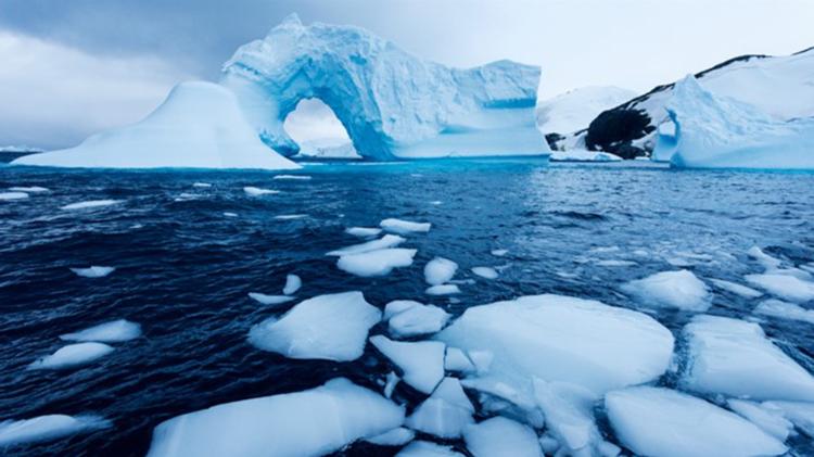 An icy seascape with floating ice chunks and large, blue-tinged icebergs under a cloudy sky.