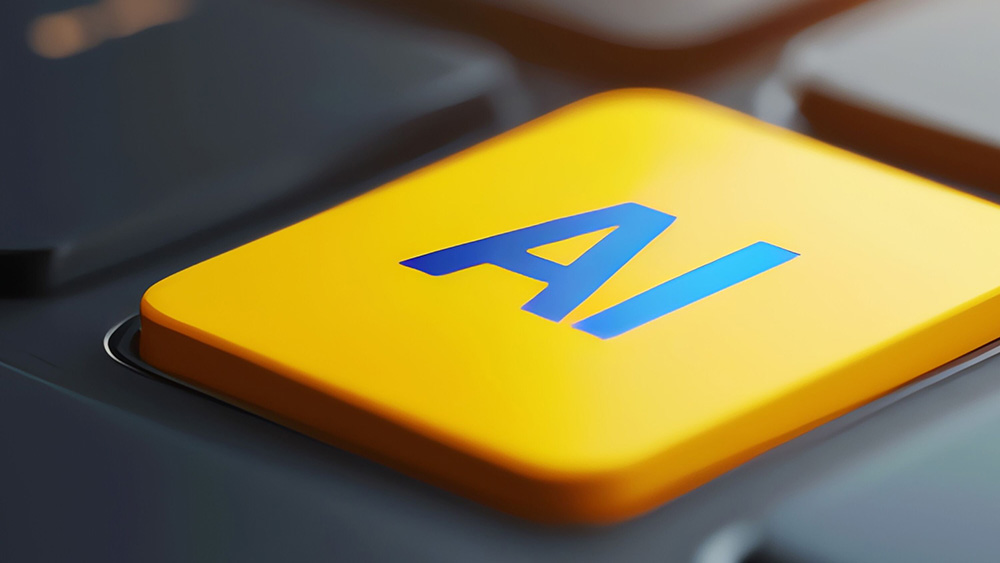 Close-up illustration of a yellow keyboard key labelled “AI” in blue lettering, set among dark keyboard keys. The image symbolises artificial intelligence, digital technologies and generative AI tools.