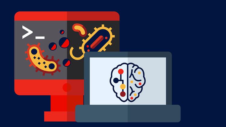 A graphic design of two monitors with screens showing coloured objects. The front screen is small and has a brain outlned with coloured circles within. Left brain region has larger circles than the right. The circles are linked on a black connector.