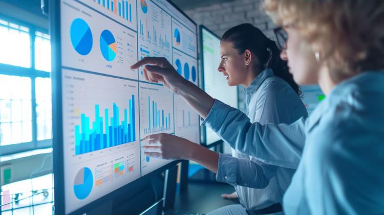 Two individuals analyzing data on large screens displaying various charts and graphs in a modern office setting.