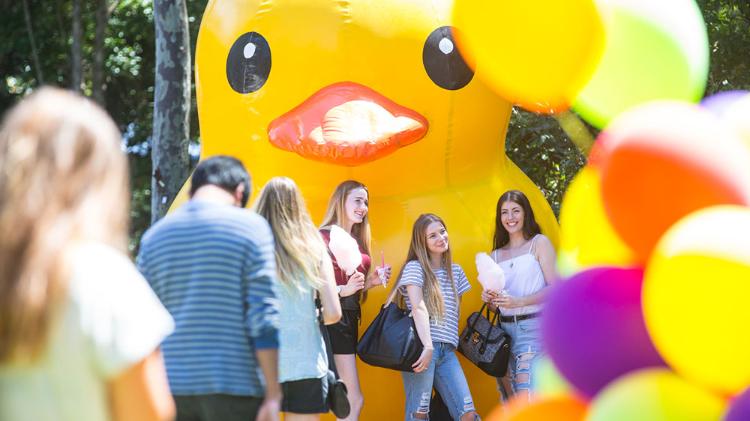 Students gathering around a large duck