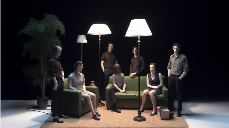 Ten manikins in a room with a black background, lamps, and sofas.