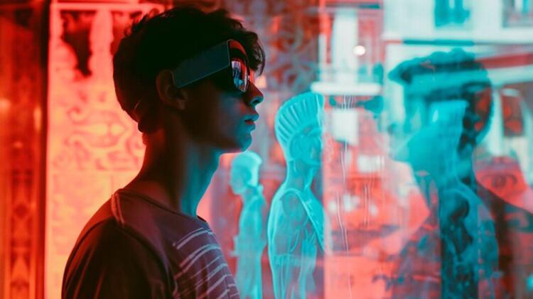 A person stands in front of an illuminated glass panel displaying vivid blue and red abstract figures and patterns.