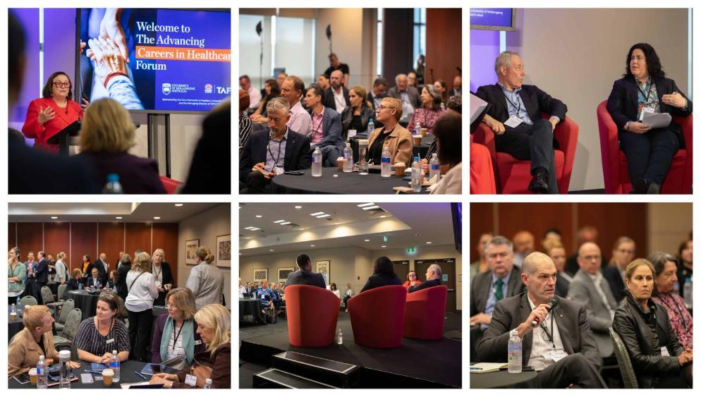 A collage of photographs from the Advancing Careers in Healthcare Forum hosted by UOW and TAFE NSW