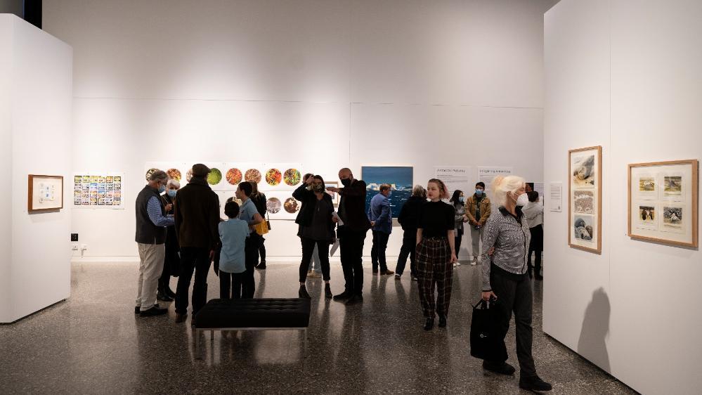 A crowd of people are pictured at the launch of the Antarctic Futures Exhibition at UOW. Photo: Paul Jones