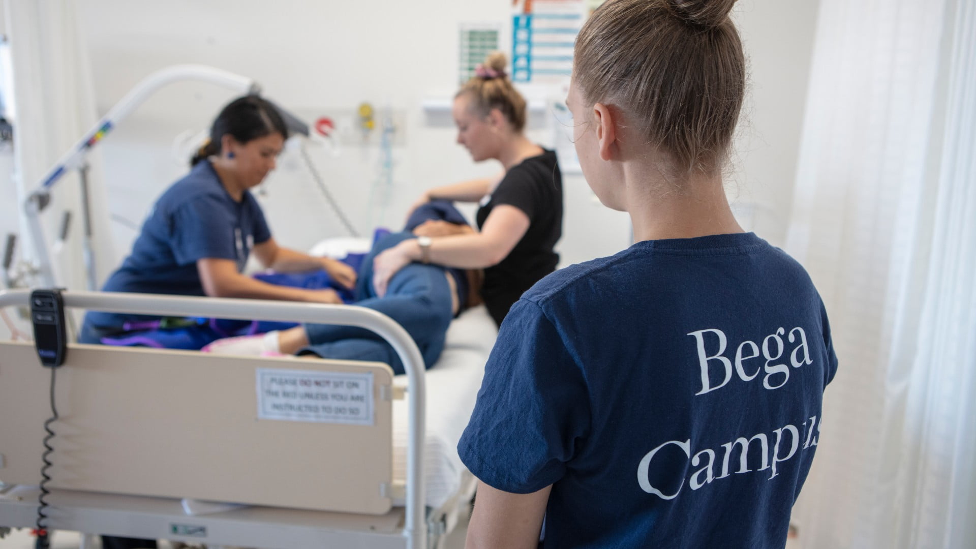 Three students take part in exercises in the nursing labs at Bega. Photo: Paul Jones