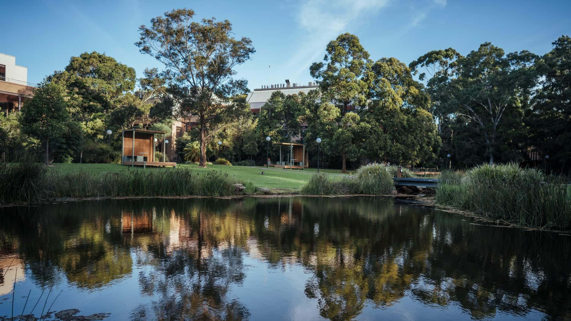 An image of the pond outside of Building 41 on UOW's Wollongong Campus. The Building is reflected in the water of the pond. Photo: Aristo Risi