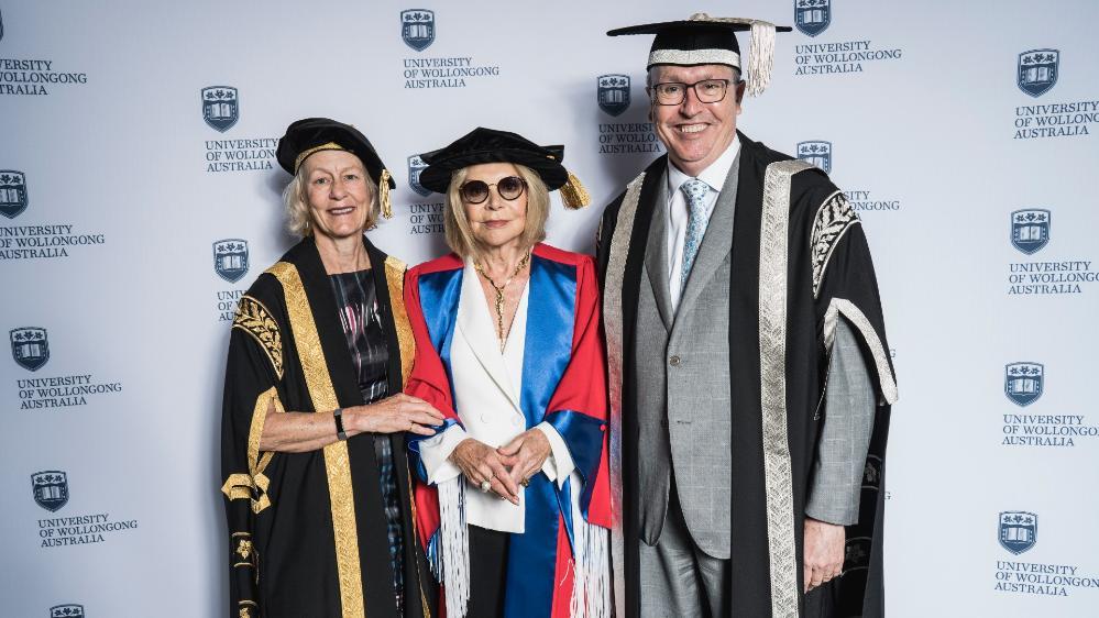 Former Chancellor Jillian Broadbent with Carla Zampatti and UOW Vice-Chancellor Professor Paul Wellings. Photo: Alex Pike