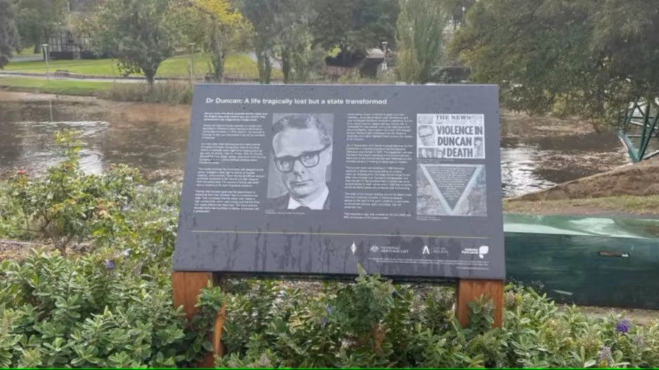 A memorial to Dr George Duncan near the site of his death in the River Torrens. Photo: Adelaide Law School Facebook page