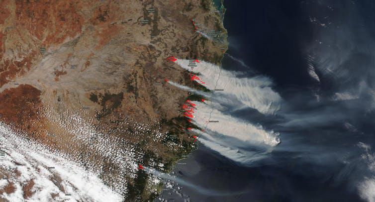 Satellite photo of bushfires on Australia's east coast