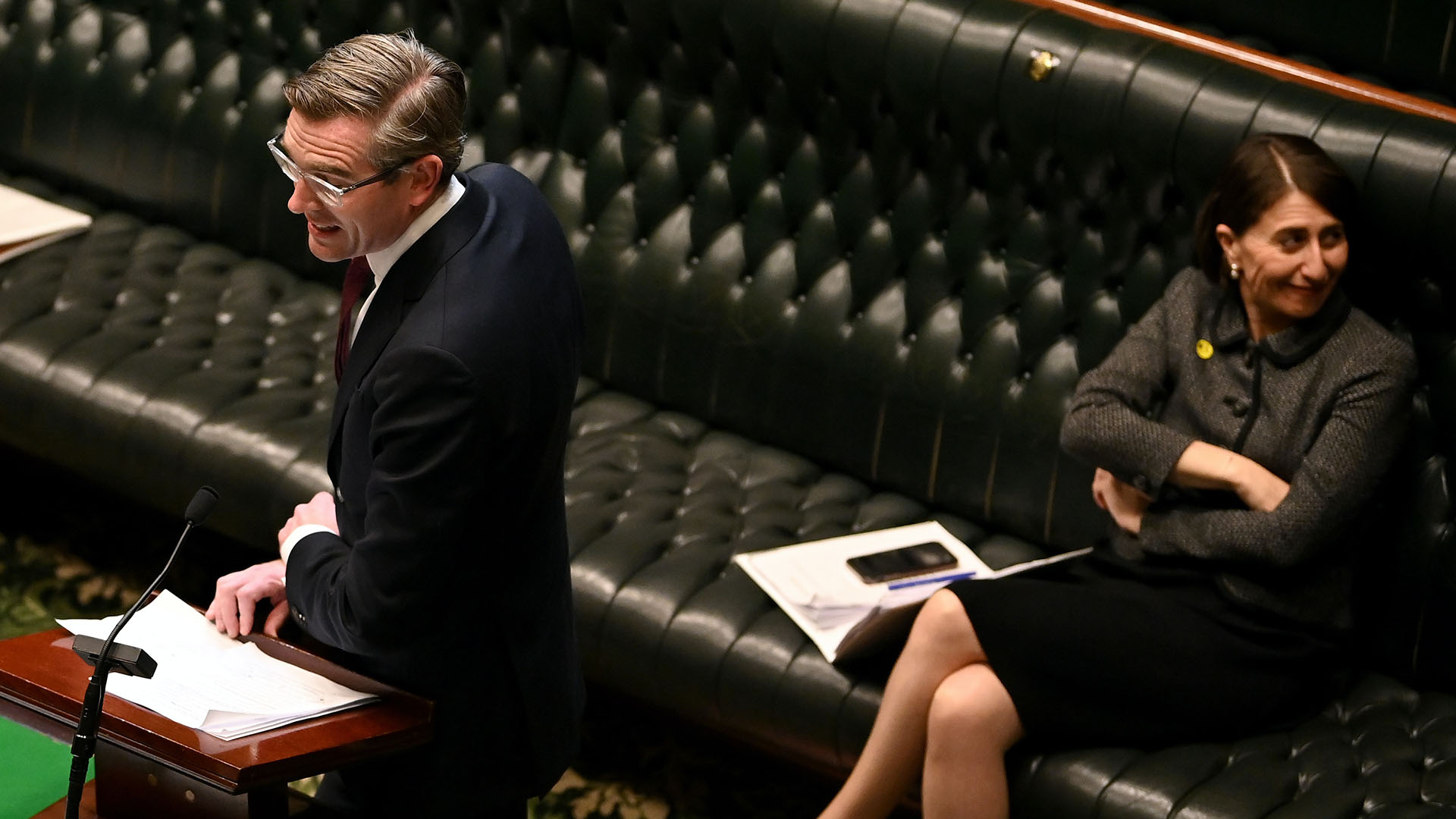 Dominic Perrotet in the NSW Parliament with Gladys Berijiklian. Dan Himbrechts/AAP