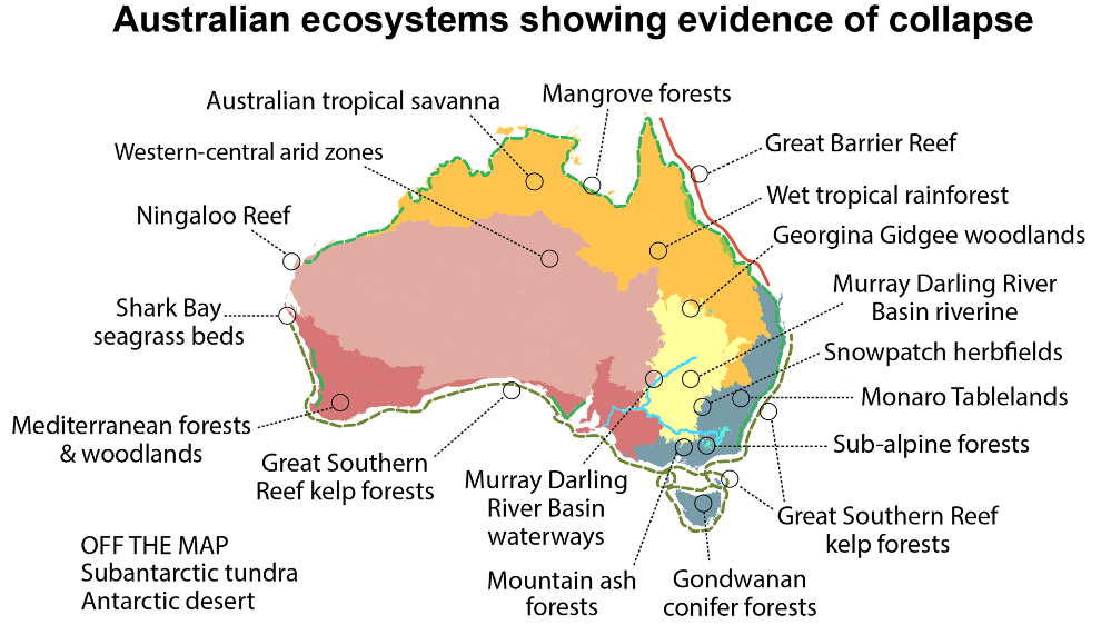 map showing 19 ecosystem across Australia and Antarctica that are experiencing ecosystem collapseEcosystems MAP_Australia