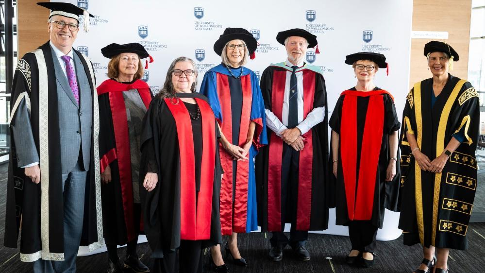 Professor Paul Wellings, Professor Wenche Ommundsen, Professor Vera Mackie, Professor Julie Steele, Professor David Griffith, Professor Robin Warner with Chancellor Liz Magassy. Photo: Paul Jones