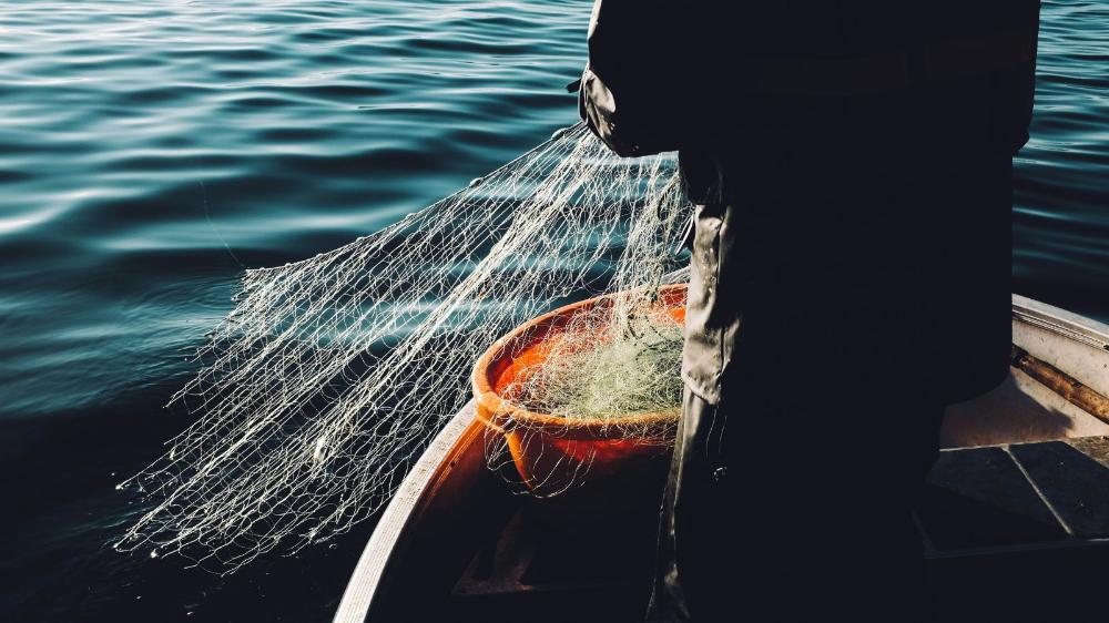 Fishing nets are being pulled into a boat from the ocean. The silhouette of a person is visible.