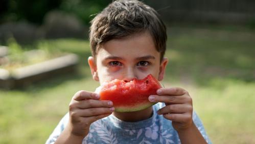 A young boy holds a piece of watermelon in front of his face