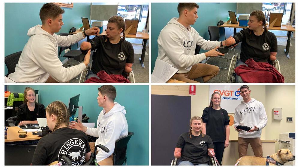 A collage of photos of Grace, disabled woman, with UOW student Charles trying on her assistive grooming device