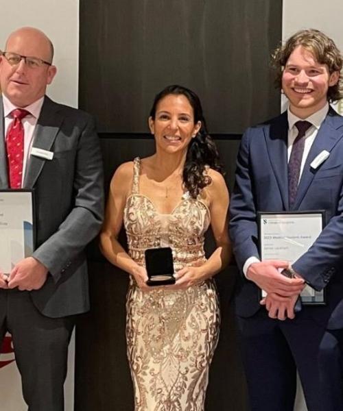 Award recipients at the 2023 New South Wales Surgeons' evening. L to R: Dr Raffi Qasabian, Dr Angus Gray, UOW Associate Professor Laurencia Villalba, James Lockhart, Associate Professor Margaret Schnitzler, and Dr Bish Soliman. Supplied by Royal Australasian College of Surgeons.