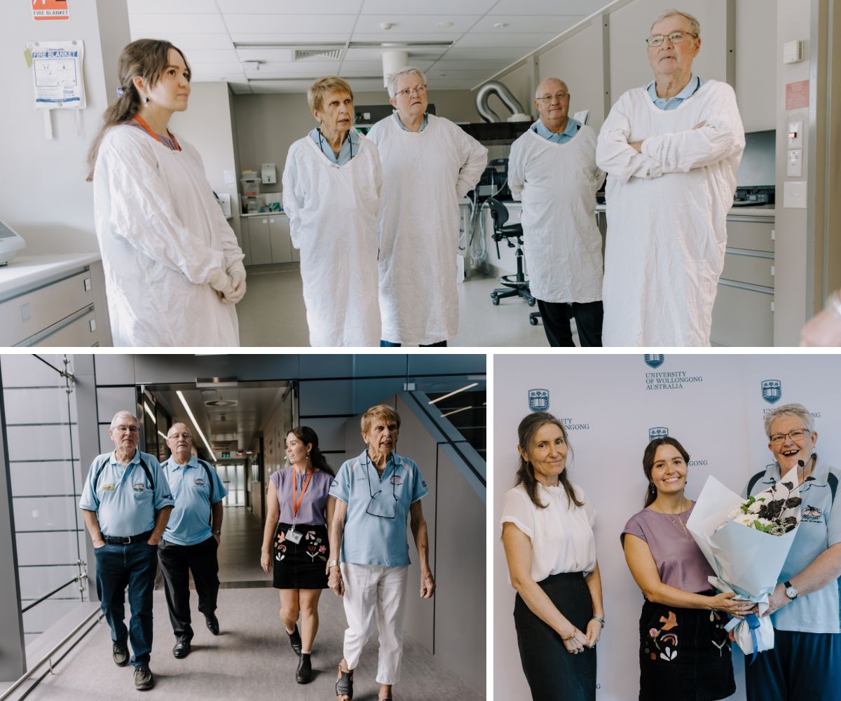 Collage of photos. Representatives from the Illawarra Cancer Carers tour of the world-class facilities in the Molecular Horizons Laboratories. Photos: Michael Gray