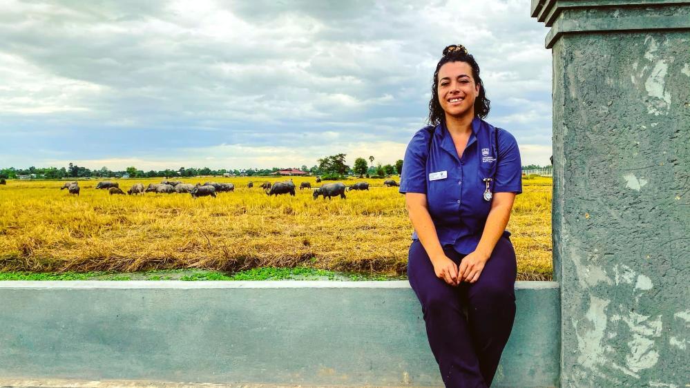 Loureene sits on a walk in Cambodia, with a herd of buffalo in the background.