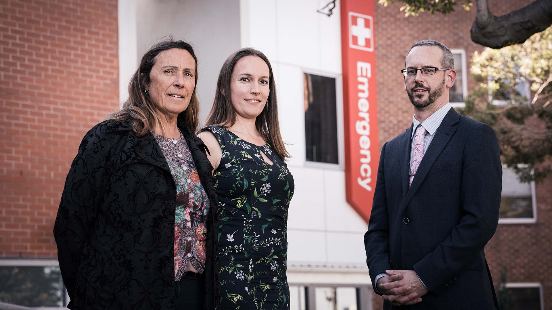 Dr Victoria Westley-Wise, Dr Luise Lago and Mr James Brinton outside the Wollongong Hospital Emergency Department.