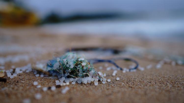 A pile of plastic is seen on a beach, with the ocean in the background. Photo: Soren Funk/Unsplash