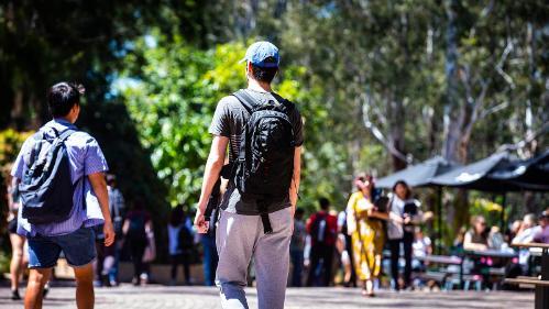 Students walking on UOW's Wollongong Campus on a sunny day.