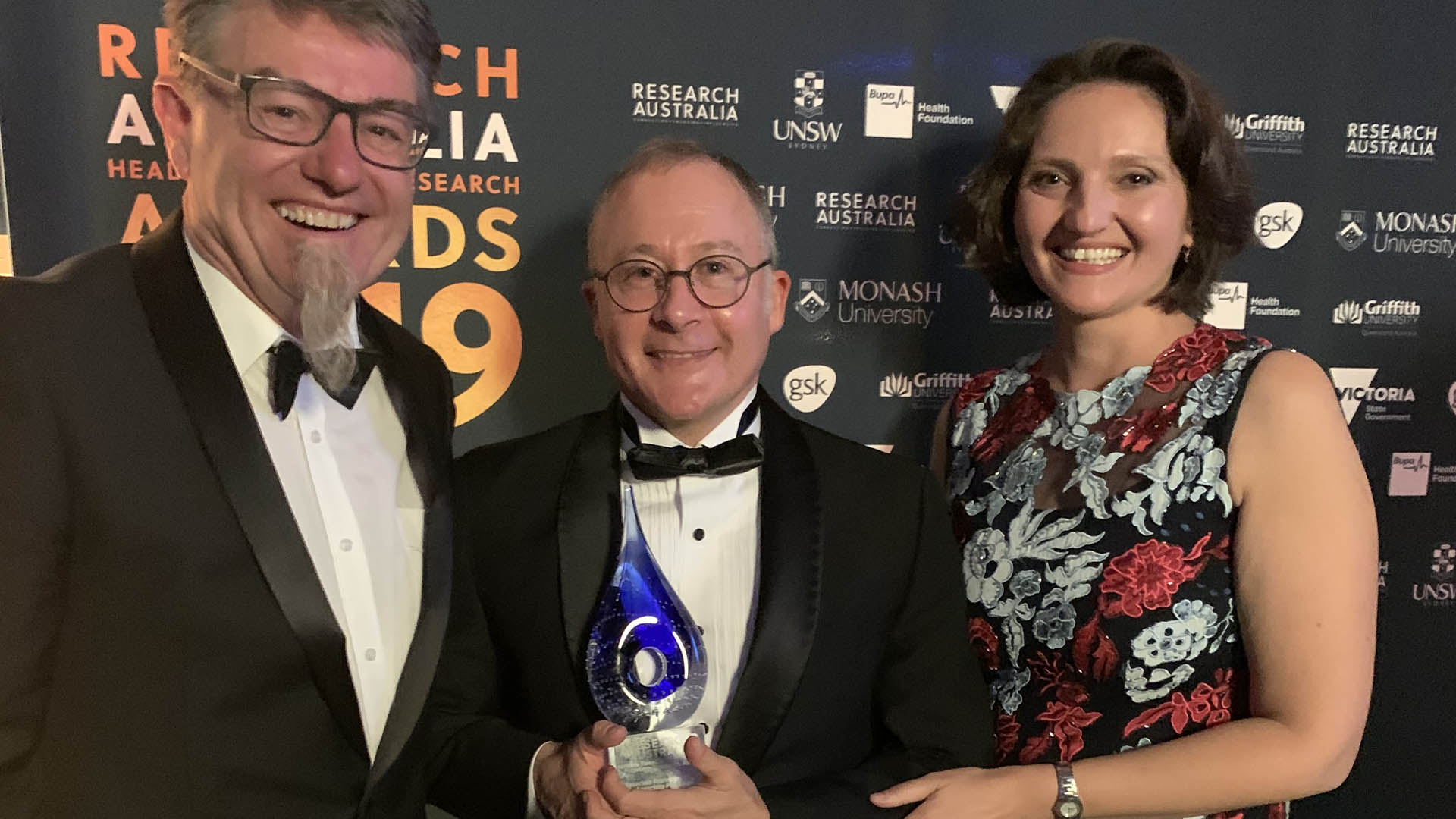 Gordon Wallace, Jeremy Crook and Eva Tomaskovic-Crook at the 2019 Research Australia Health and Medical Research Awards.