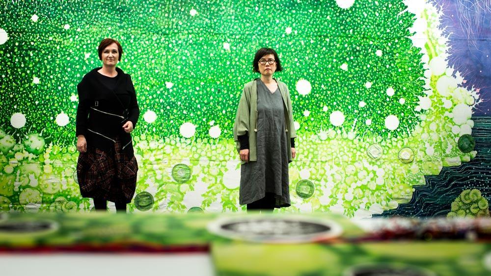 Researchers Dr Agnieszka Golda and Dr Jo Law at the Spinning World exhibition. Photo: Paul Jones