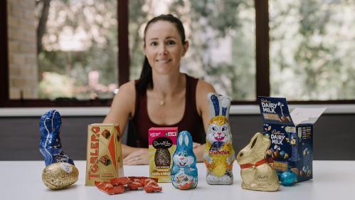 Associate Professor Stephanie Perkiss from the University of Wollongong’s School of Accounting, Finance and Economics, with a selection of chocolate products.