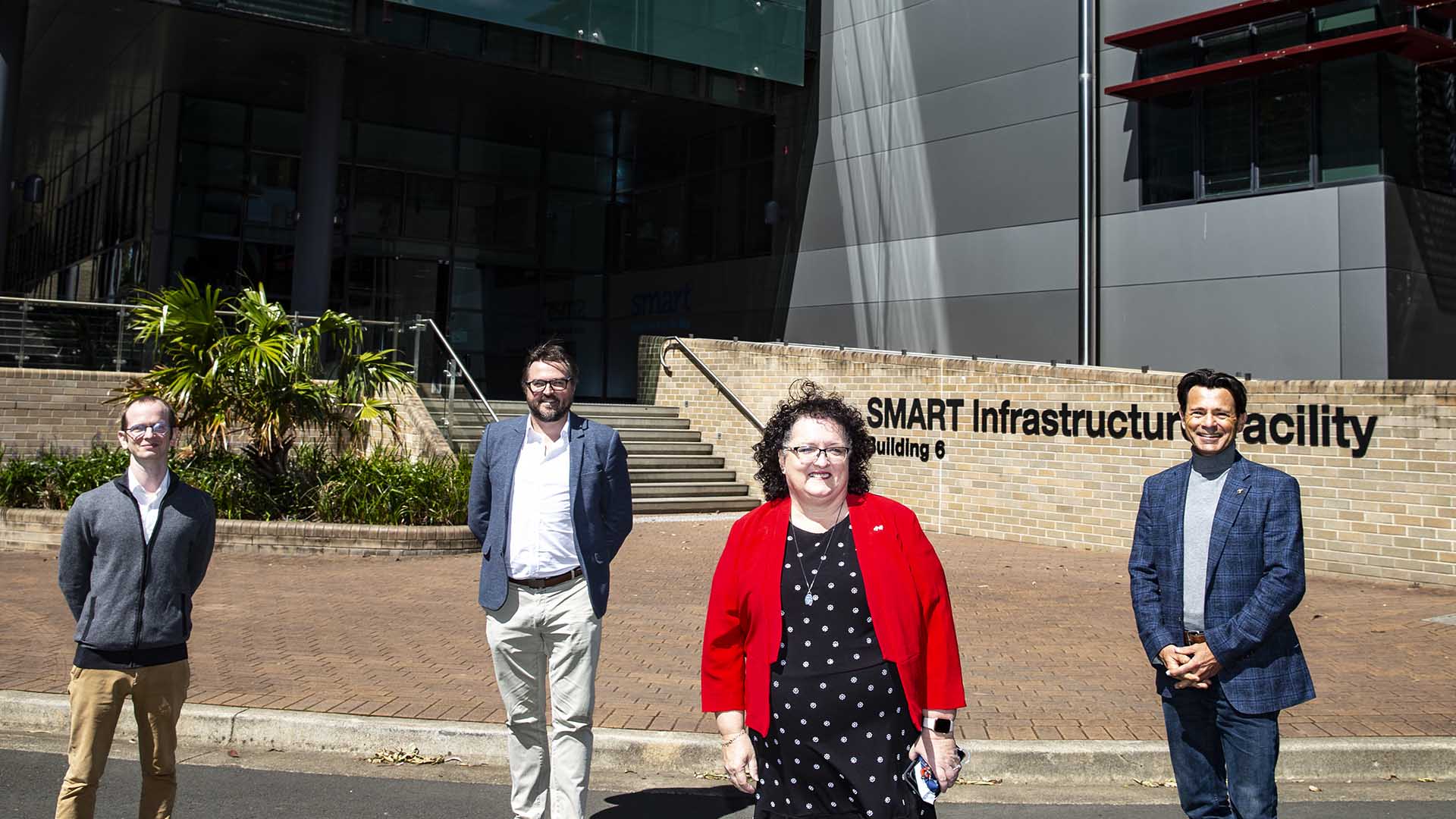 Johan Barthelemy, Iain Russell, Tania Brown, Pascal Perez at the SMART Infrastructure Facility for the launch of the Telstra-UOW Hub for AIOT Solutions