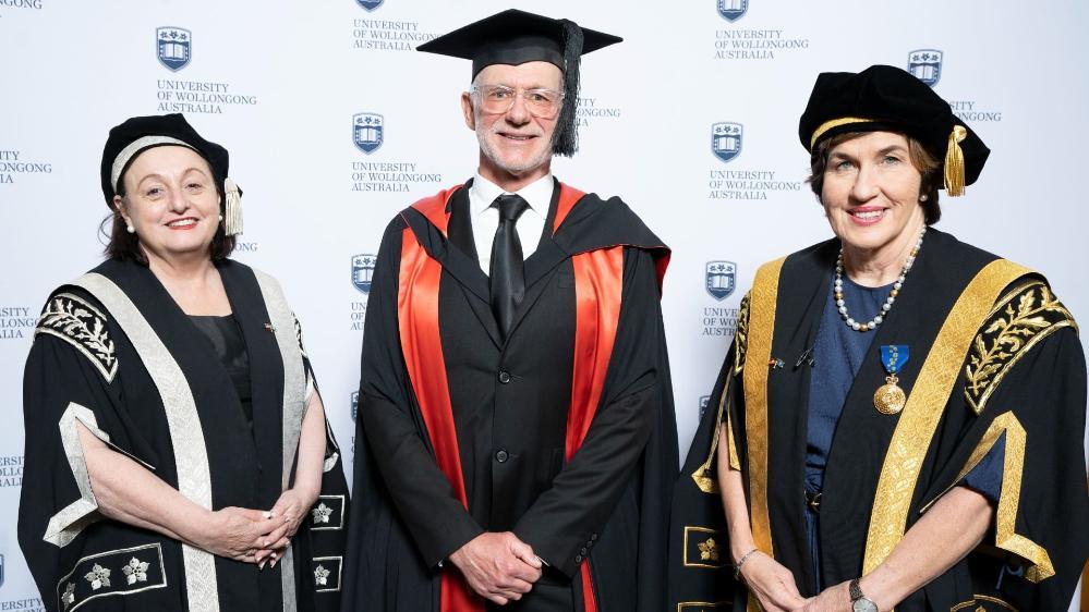 Vice-Chancellor Professor Patricia Davidson, Emeritus Professor Andy Davis, UOW Chancellor Christine McLoughlin. Photo: Paul Jones