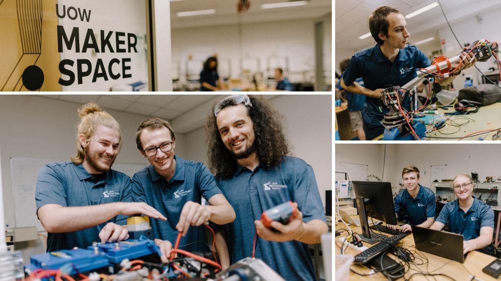 Collage of four photos. UOW Makerspace signage. Engineering students in the workshop building the rover. Photos: Michael Gray