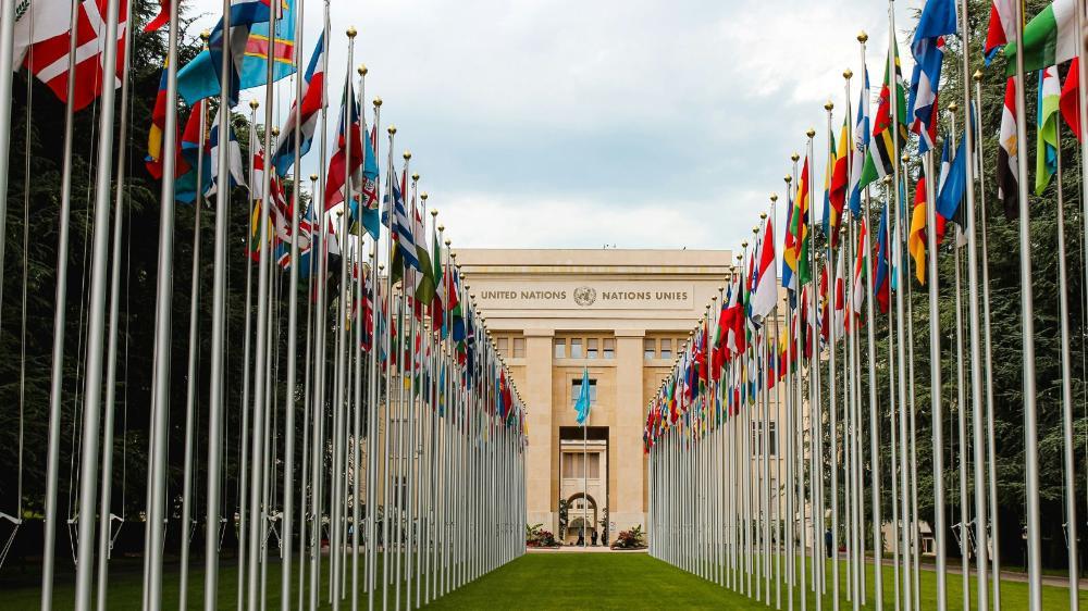 A United Nations Building with flags displayed in a line outside