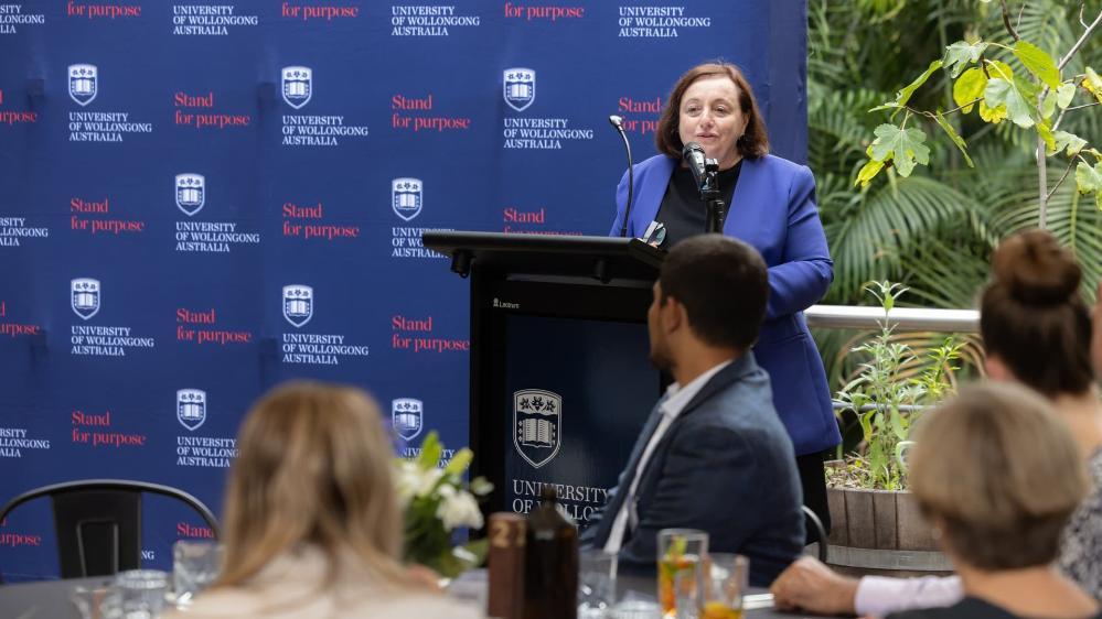 UOW Vice Chancellor Professor Patricia Davidson speaks at the lectern during the scholarship launch event. Photo: Mark Newsham