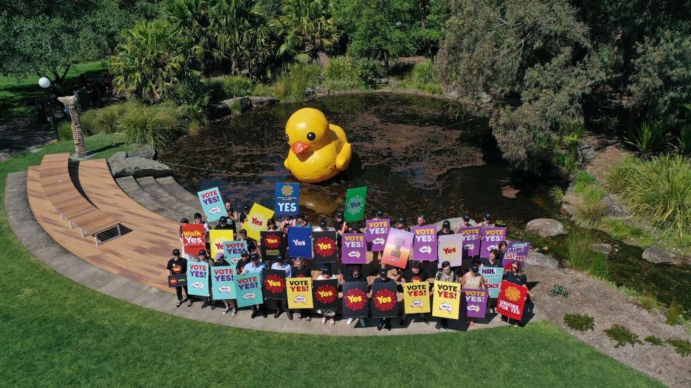 UOW staff hold Yes signs at Wollongong Campus, with the giant blow up duck in the background. Photo: Tad Souden