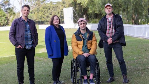 Professor Patricia Davidson, second from left, with the team from Yours and Owls, Adam Smith, Ben Tillman and Balunn Jones. They are standing at an Oval at UOW. Photo: Mark Newsham.