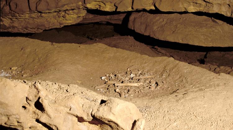 Human remains in bear nests with ochre in Locus 1– Photo : N. Aujoulat, Centre National de Préhistoire, French Ministry of Culture 