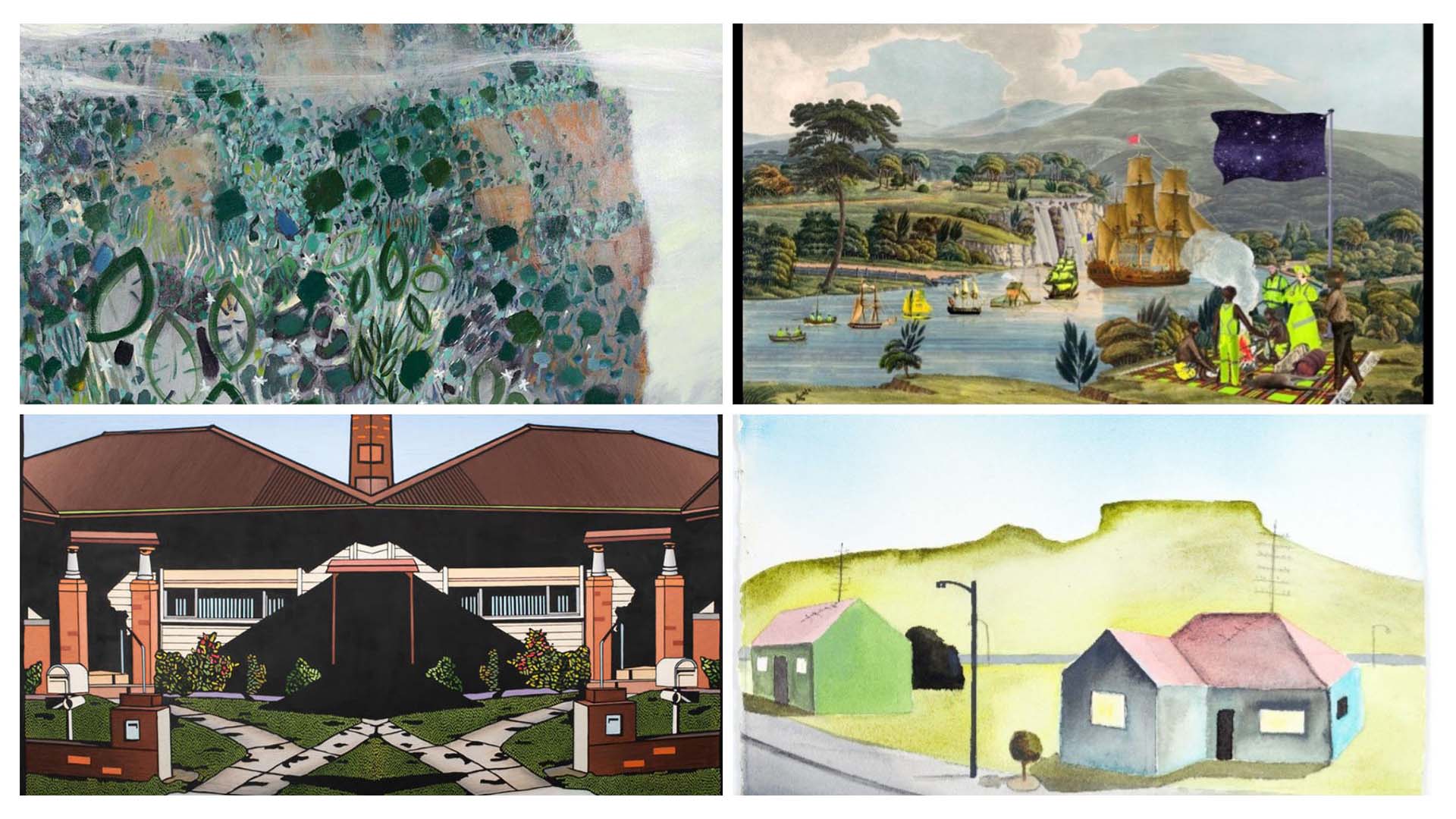 Collage of artworks by esteemed UOW artists