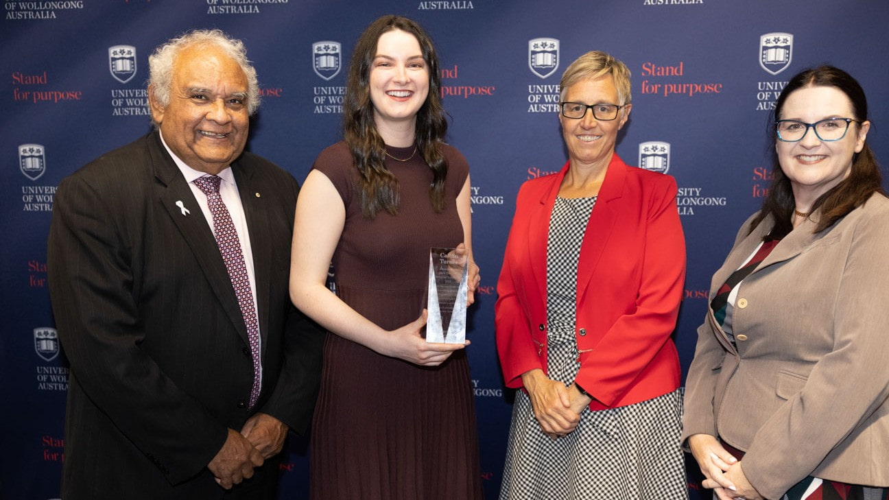 Professor Tom Calma, student Caitlin Turner, Dean of the School of Law Professor Trish Mundy and Acting Dean of the School of Law, Niamh Kinchin. Photo: Mark Newsham