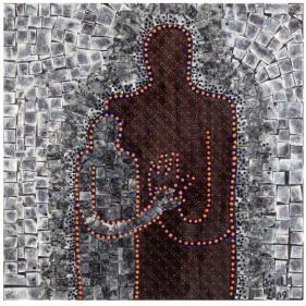 Artwork: Karla Dickens, Shining II , 2009 acrylic paint, fabric and Mother of Pearl on canvas  51 x 51 cm  University of Wollongong Art Collection, donated through the Australian Government’s Cultural Gifts Program by John F Morrissey, 2018  ©Karla Dickens, Courtesy of Sullivan + Strumpf
