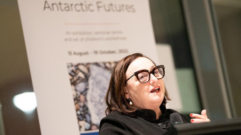 UOW Vice Chancellor Professor Patricia Davidson speaks at the Antarctic Futures Exhibition. Photo: Paul Jones