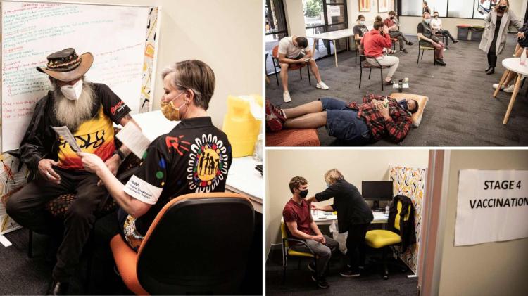 Collage of Aboriginal and Torres Strait Islander students, staff and community at Woolyungah Indigenous Centre’s COVID vaccination clinic on Wednesday 28 July 2021. Photo: Paul Jones