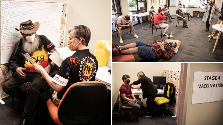 Collage of Aboriginal and Torres Strait Islander students, staff and community at Woolyungah Indigenous Centre's COVID vaccination clinic on Wednesday 28 July 2021. Photo: Paul Jones