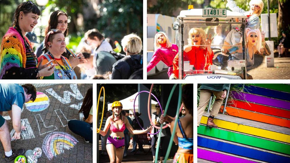 Collage of activities from 2022 IDAHOBIT celebration at the Wollongong Campus. Photos: Paul Jones