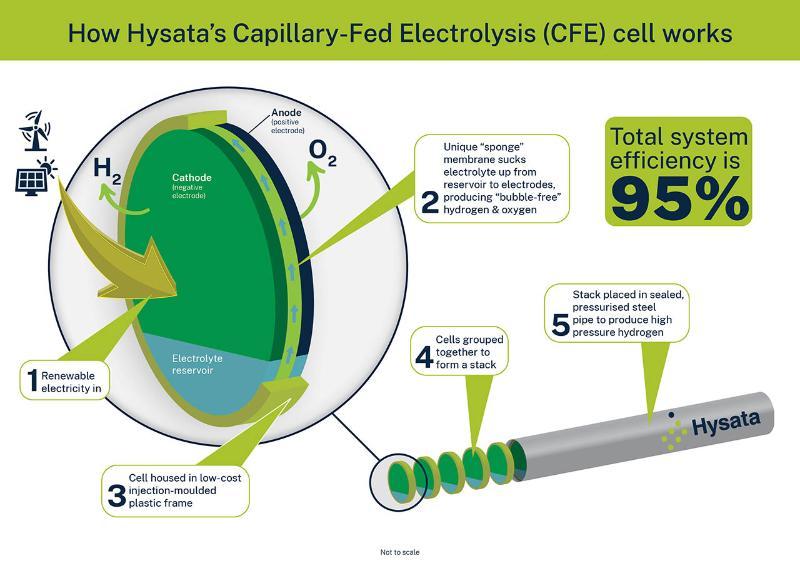 Inforgraphic of how the Hysata capillary-fed electrolysis cell works