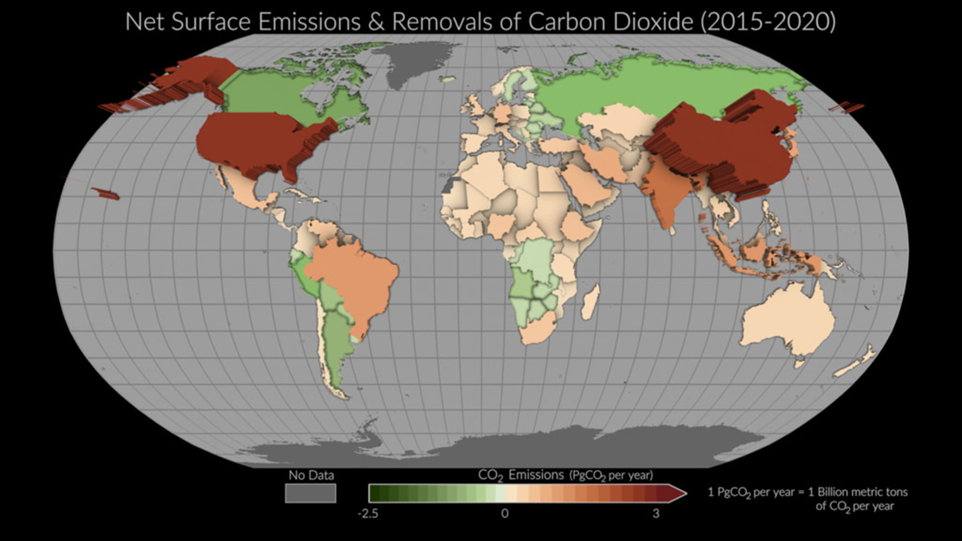 Mean net surface emissions and removals of carbon dioxide (CO₂) for over 100 countries around the world for the period 2015-2020.